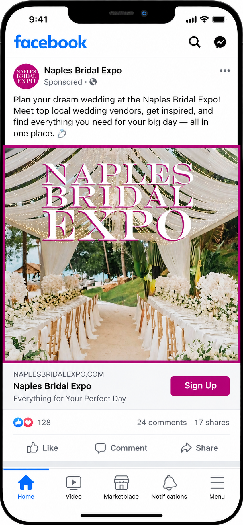 Facebook post promoting the Naples Bridal Expo, featuring an outdoor wedding setup with white drapes, string lights, and floral arrangements, with a "Sign Up" button.