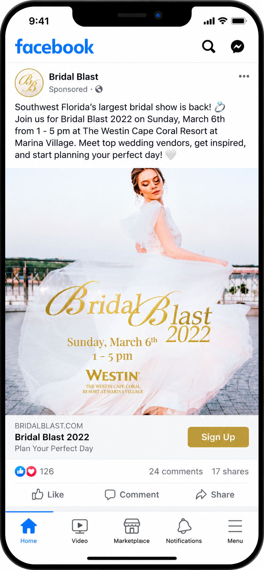 Facebook advertisement for Bridal Blast 2022 wedding fair, showing a woman in a wedding dress, event details, and a "Sign Up" button.