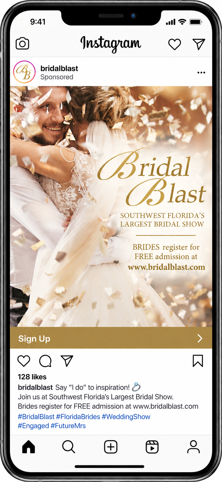 Instagram advertisement for Bridal Blast, a bridal show in Southwest Florida. Features a bride and groom celebrating with confetti, with text about the event and registration details.