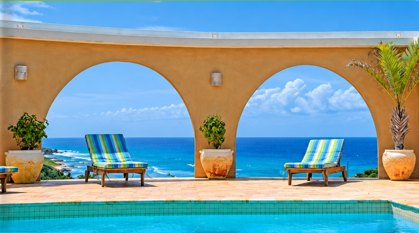 Poolside view of two lounge chairs with striped green and blue cushions, potted plants on either side, and arched openings revealing a scenic ocean view with a coastline, blue sky, and clouds.