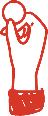 Stylized red outline of a person sleeping on their side with a pillow and blanket