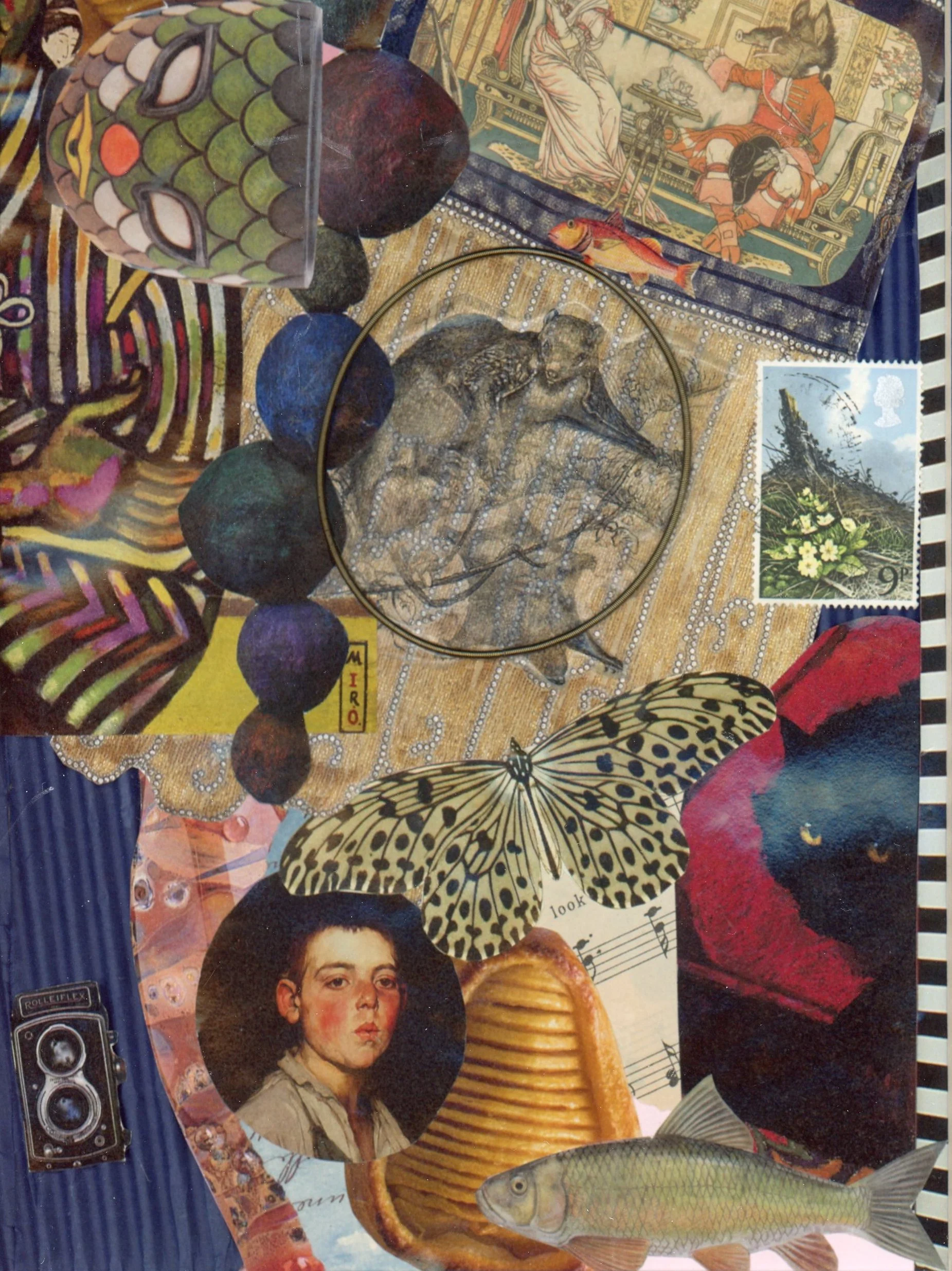 A collage of various objects including a butterfly, a young boy's portrait, a fish, a shell, a vintage camera, a tapestry, postage stamps, and artwork.
