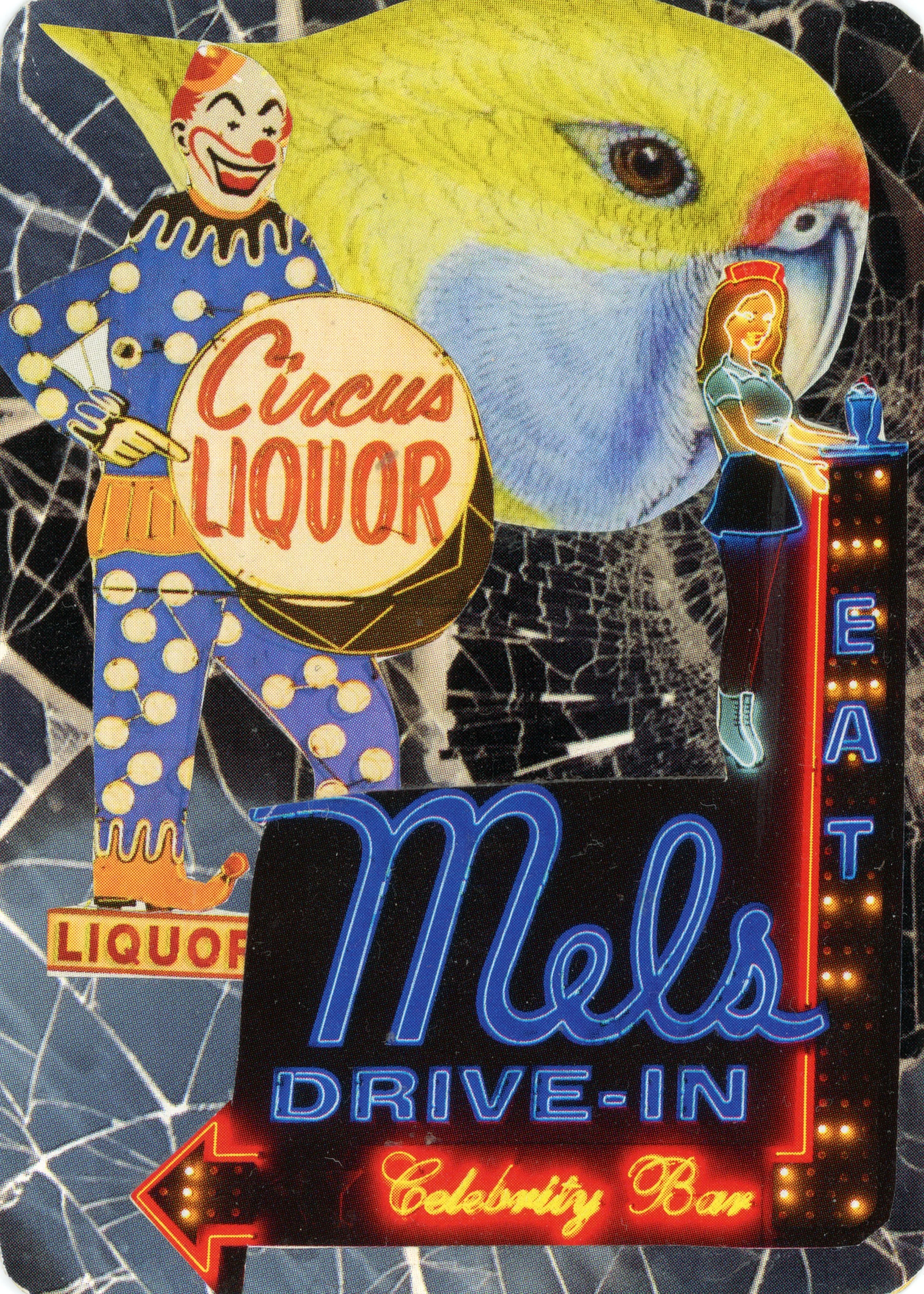 Neon signs for Miles Drive-In and Circus Liquor, featuring a clown holding a liquor sign and a neon woman at a bar, with a large parrot in the background.
