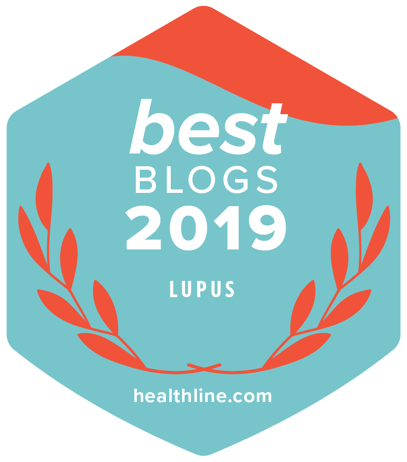 A badge with a teal background and red top border, displaying 'best BLOGS 2019' with the word 'LUPUS' below, surrounded by red laurel branches, and the website 'healthline.com' at the bottom.