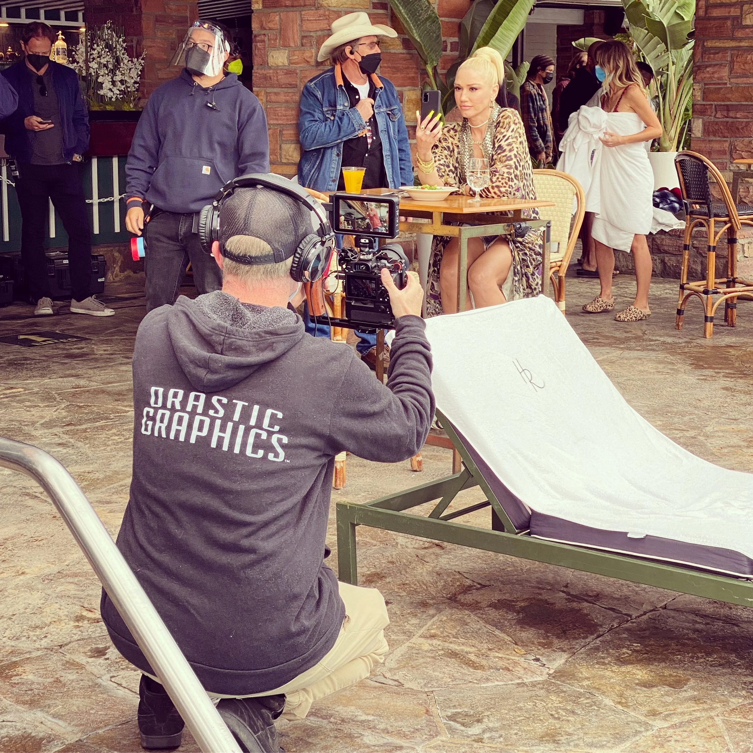 Gwen Stefani & Marty O'Neill of Drastic Graphics on set for T-Mobile Super Bowl commercial
