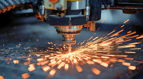 A robotic welding machine sparks as it welds metal.