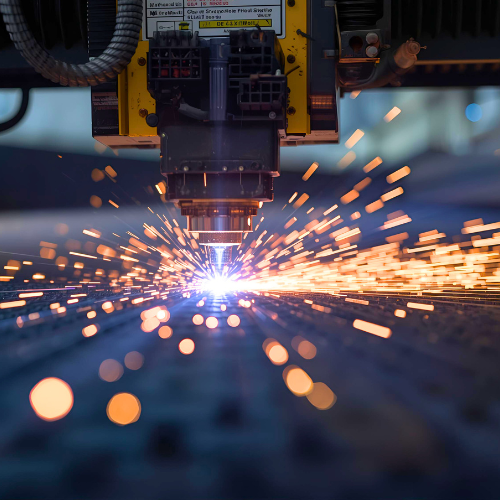 A laser cutting machine producing sparks on a metal sheet.