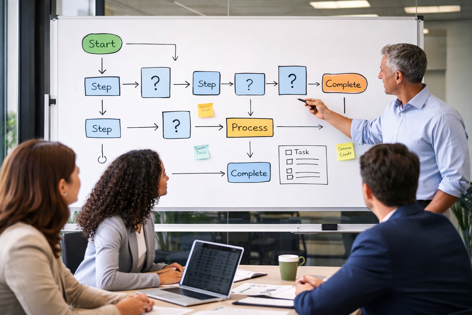 Team reviewing a structured workflow on a whiteboard to improve operational process visibility