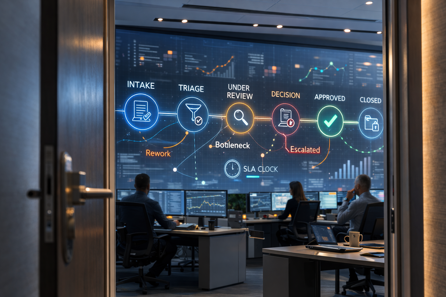 Modern operations control room displaying a structured workflow lifecycle from Intake to Closed on a large digital screen.