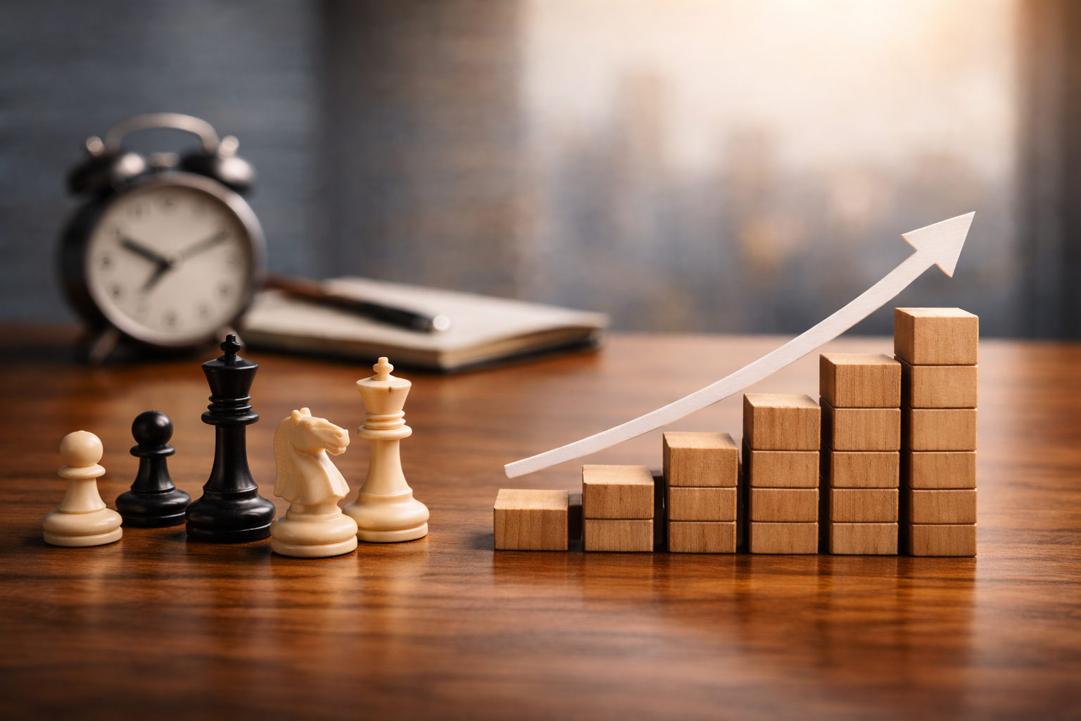 Strategically arranged chess pieces beside ascending wooden blocks and an upward arrow, representing long-term thinking, disciplined leadership, and compounding performance over time.