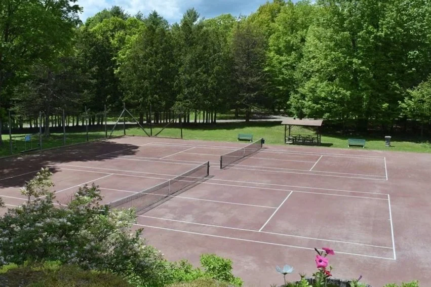 Empty outdoor tennis courts surrounded by trees with a picnic shelter, benches, and green grass.