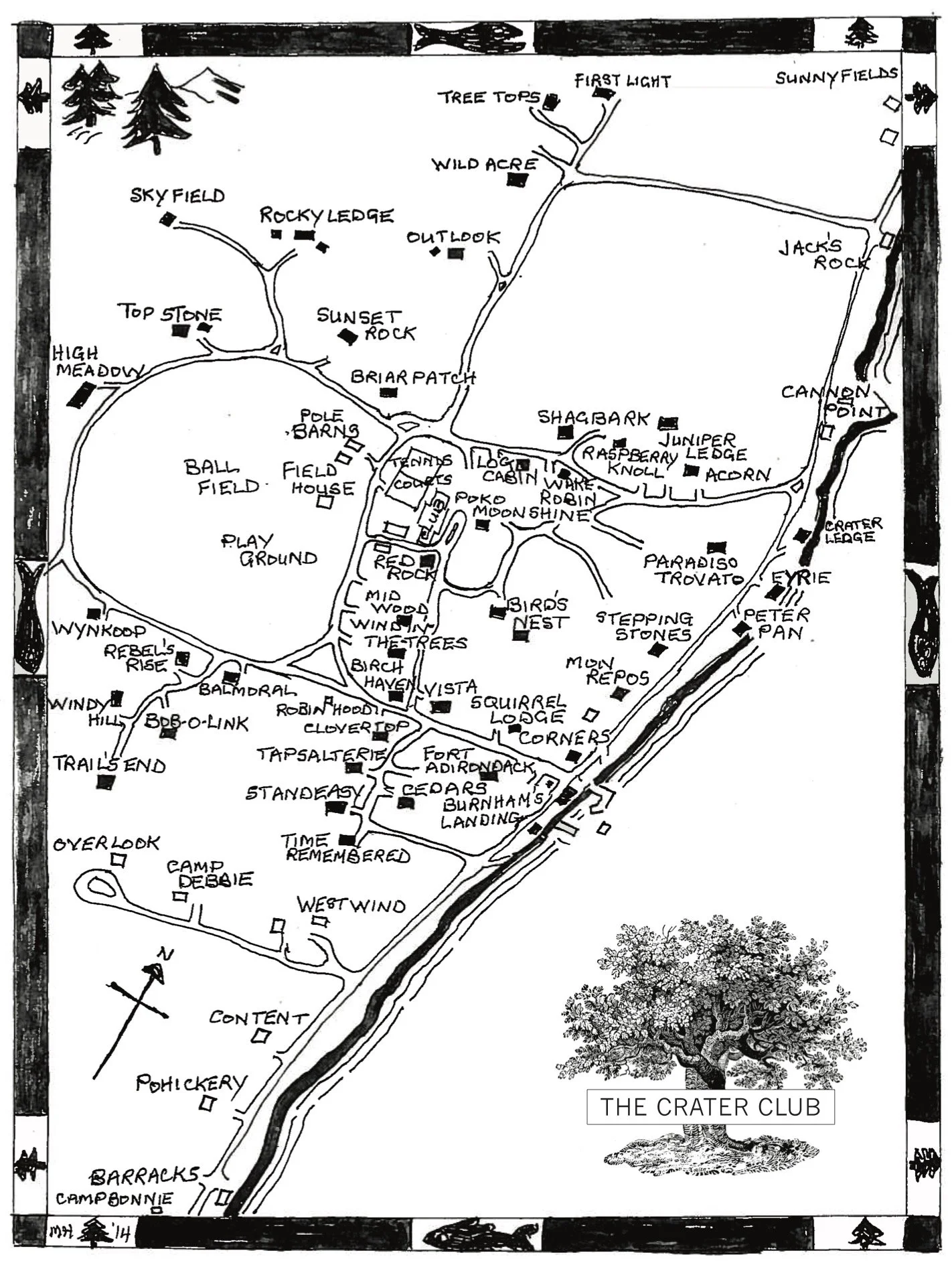 Black and white illustrated map of a place called The Crater Club, showing various labeled areas and features such as a playground, tree tops, a meadow, a rock formation, buildings, and a large tree, with paths and roads connecting different sections.
