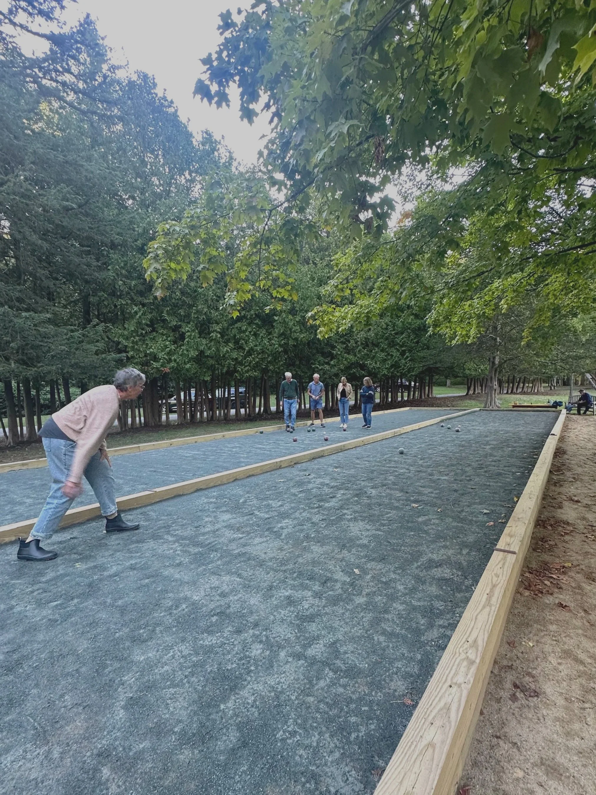 People playing pétanque in a park surrounded by trees, with some people observing and others preparing to play.