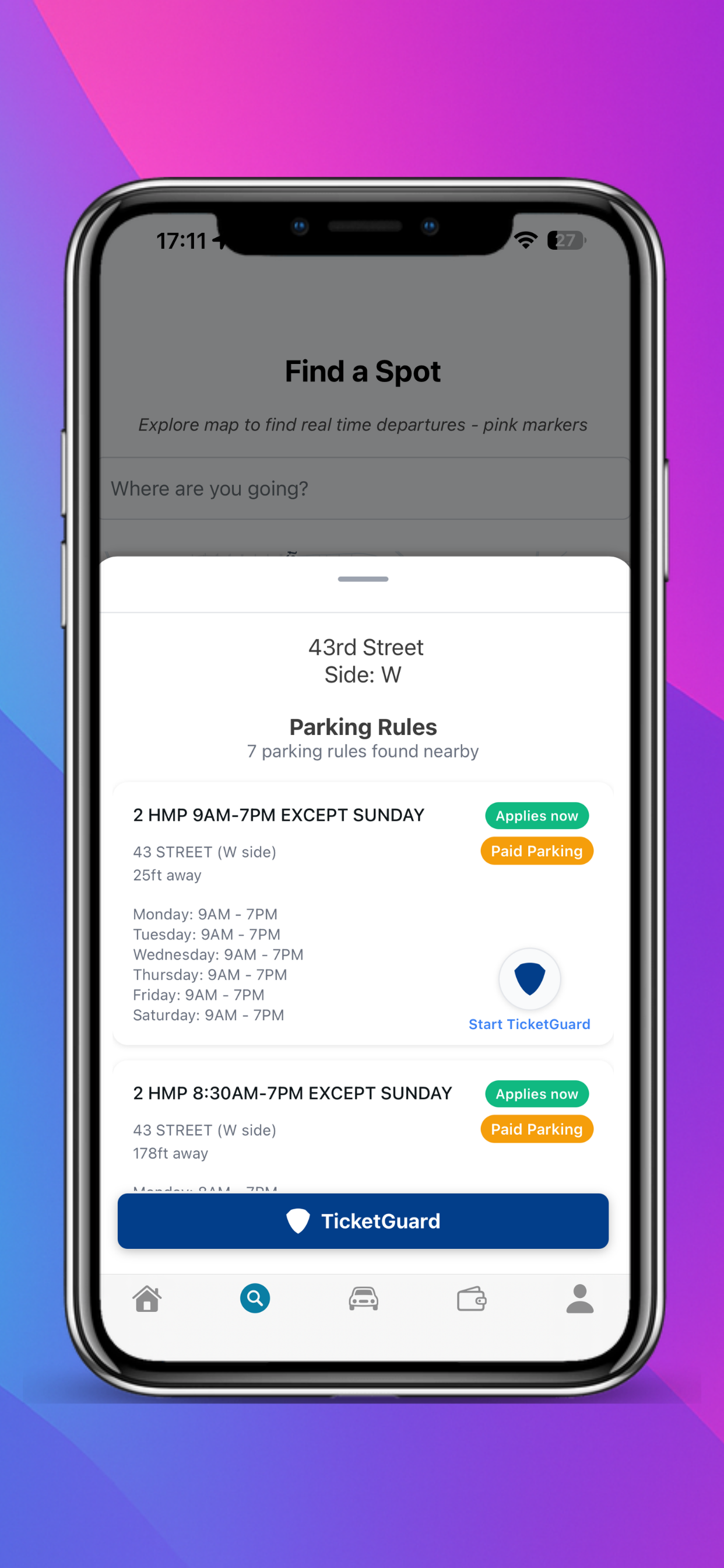 Spotlink CurbAI screen showing NYC no stopping and no standing parking rules by street side with TicketGuard alert option