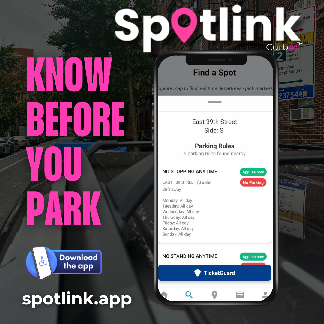 Spotlink TicketGuard screen showing NYC no parking and no standing rules with active alert to prevent parking tickets
