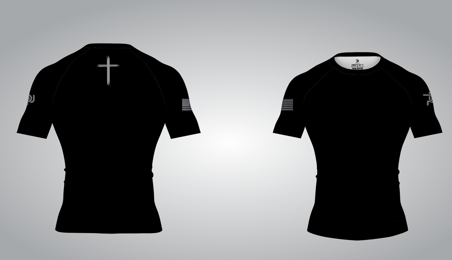 Posture Up Athletics premium sublimated compression rashguard featuring USA flag and popular cross