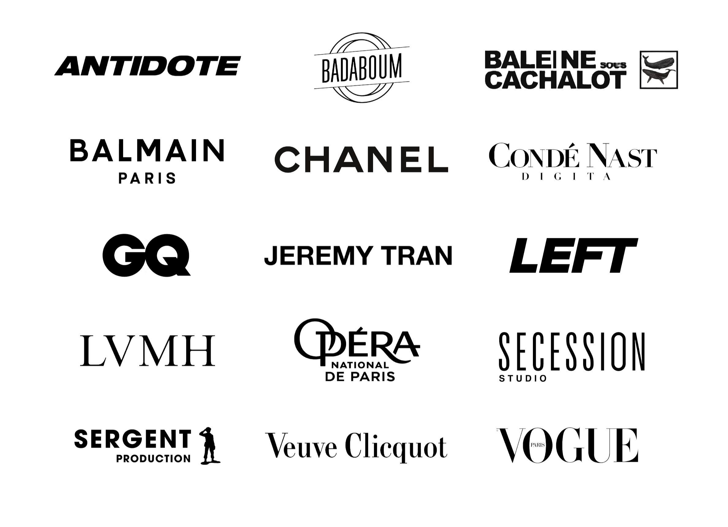 Collection de logos de marques de luxe et de mode, incluant Antidote, Radaboum, Balîne, CACHALOT, Balmain, Chanel, Condé Nast, GQ, Jeremy Tran, LEFT, LMH, Géra, SERGENT, Veuve Clicquot, Vogue, etc.