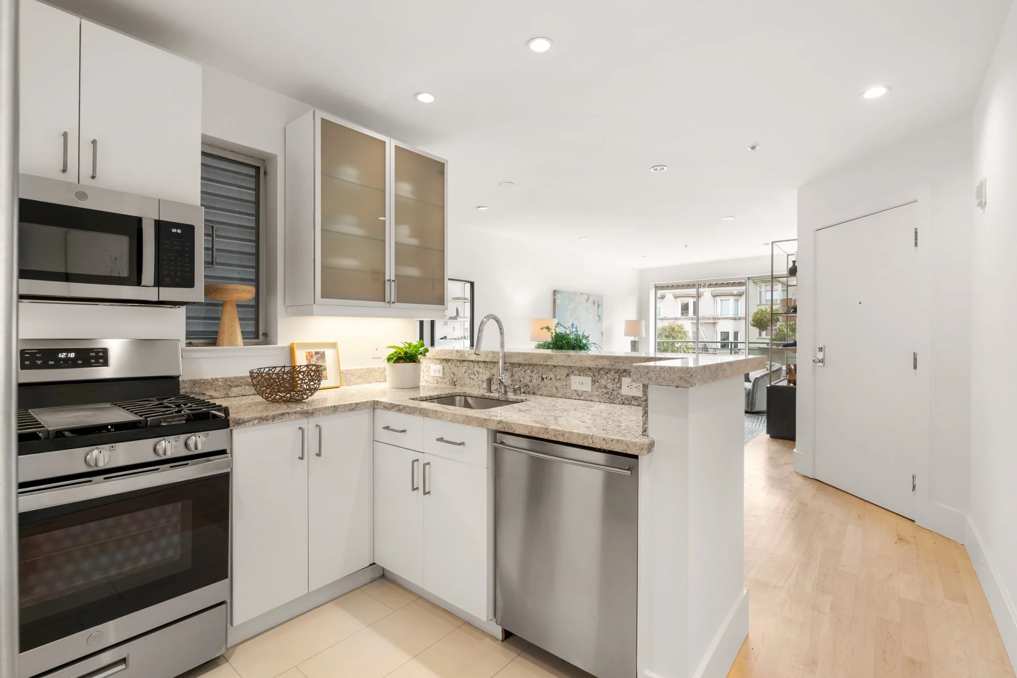 Modern kitchen with white cabinets, granite countertops, stainless steel appliances, a small potted plant, and a living room with large windows in the background.