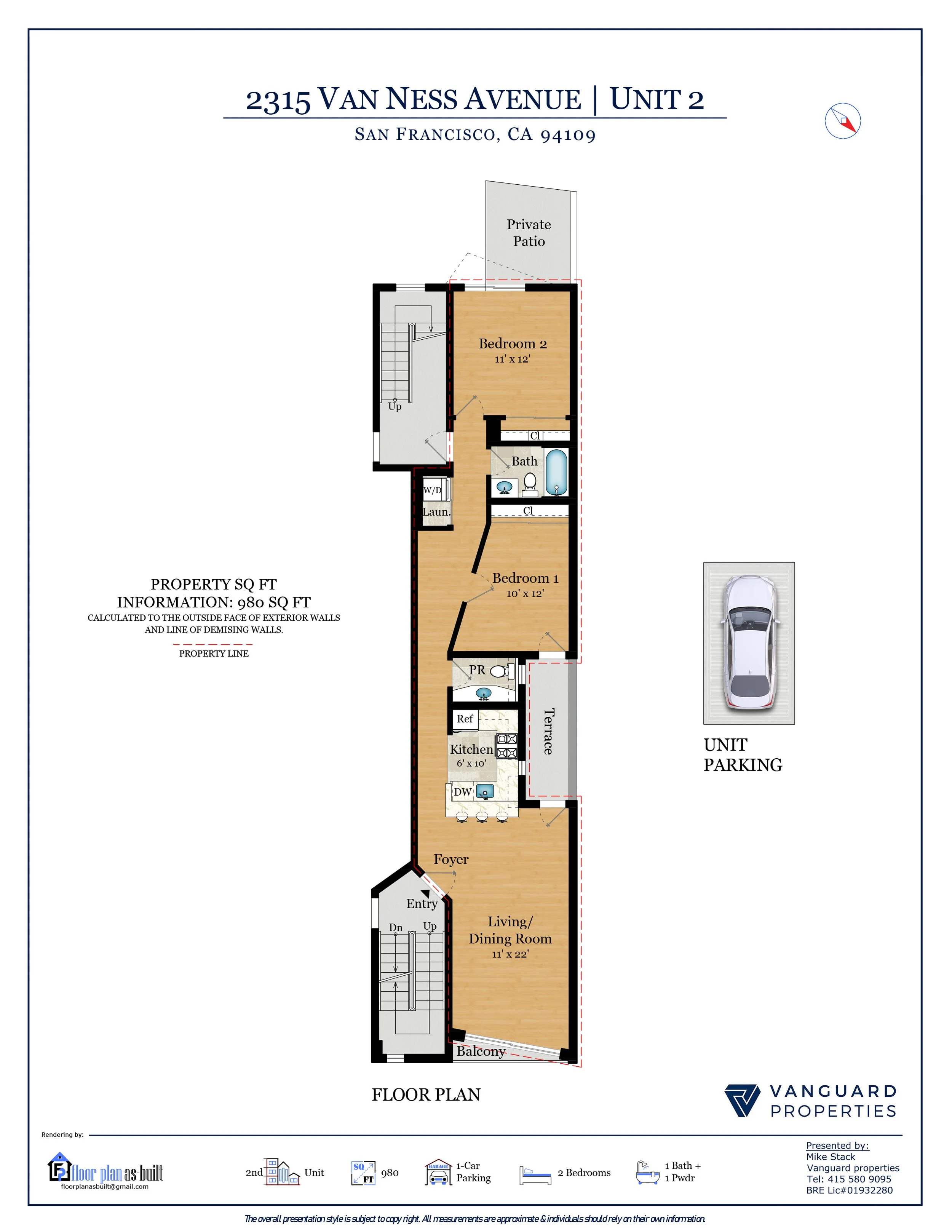 Floor plan of a residential unit at 2315 Van Ness Avenue, Unit 2, in San Francisco, CA. It shows the layout with labeled areas, including living/dining room, kitchen, bedroom 1, bedroom 2, bathroom, laundry, terrace, foyer, entry, balcony, and private patio, along with unit parking and measurements.