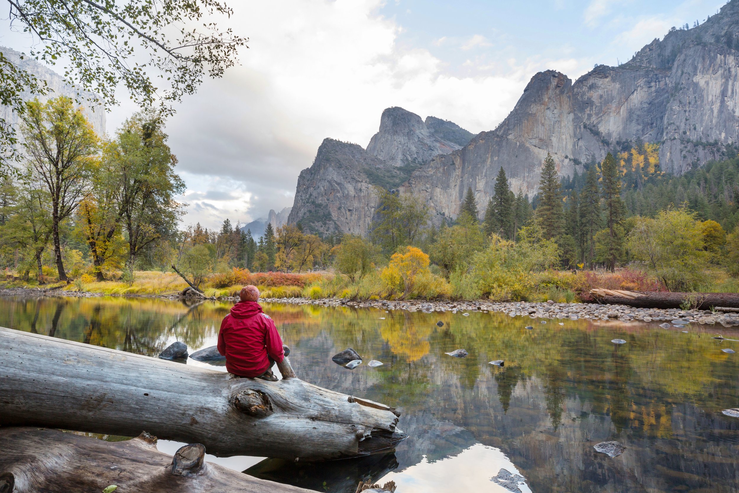 A person in a red jacket sits on a large fallen log by a calm river, with a scenic view of mountains and trees, during autumn.