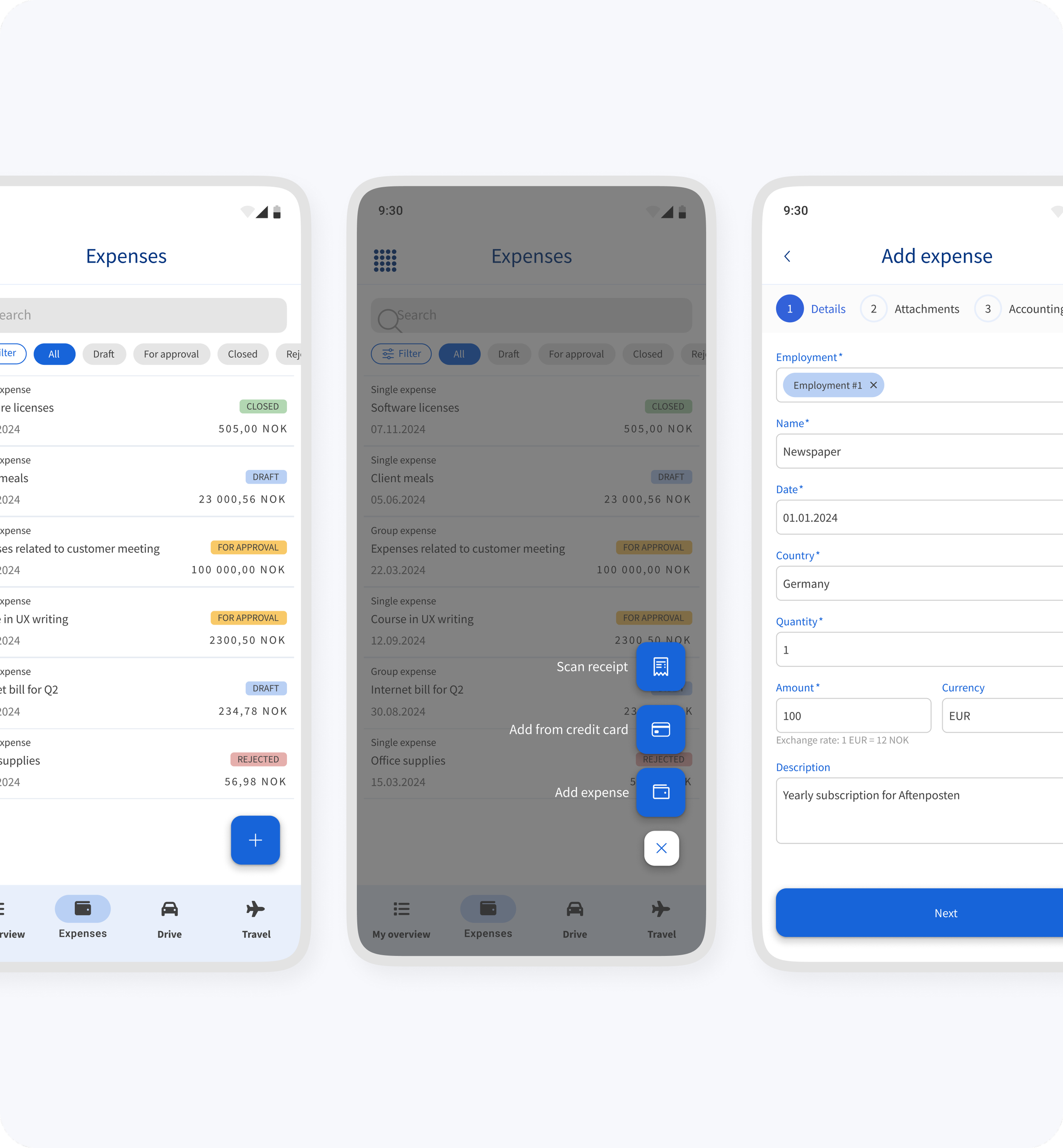 Screenshots of a financial expense management mobile app showing expense list, adding a new expense, and expense details input form.