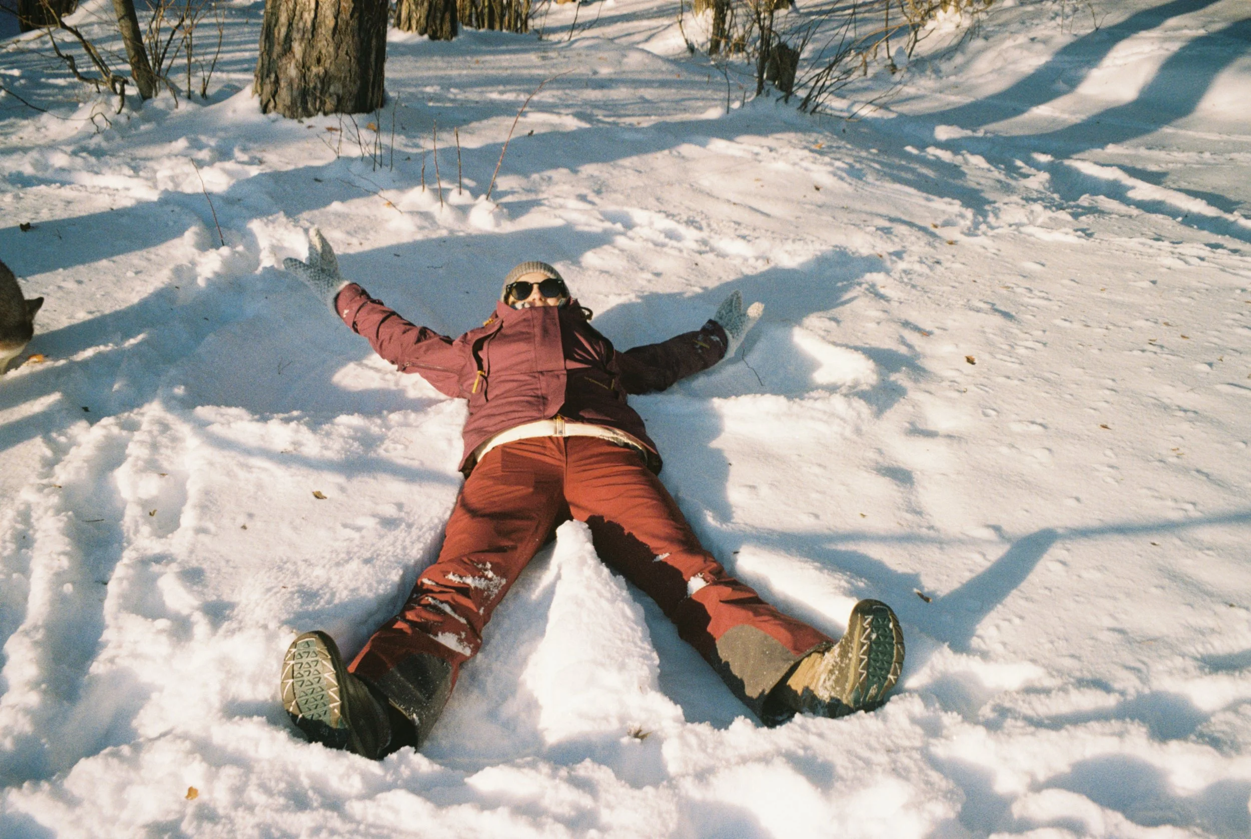 A person lying on their back in snow, making a snow angel with trees in the background.