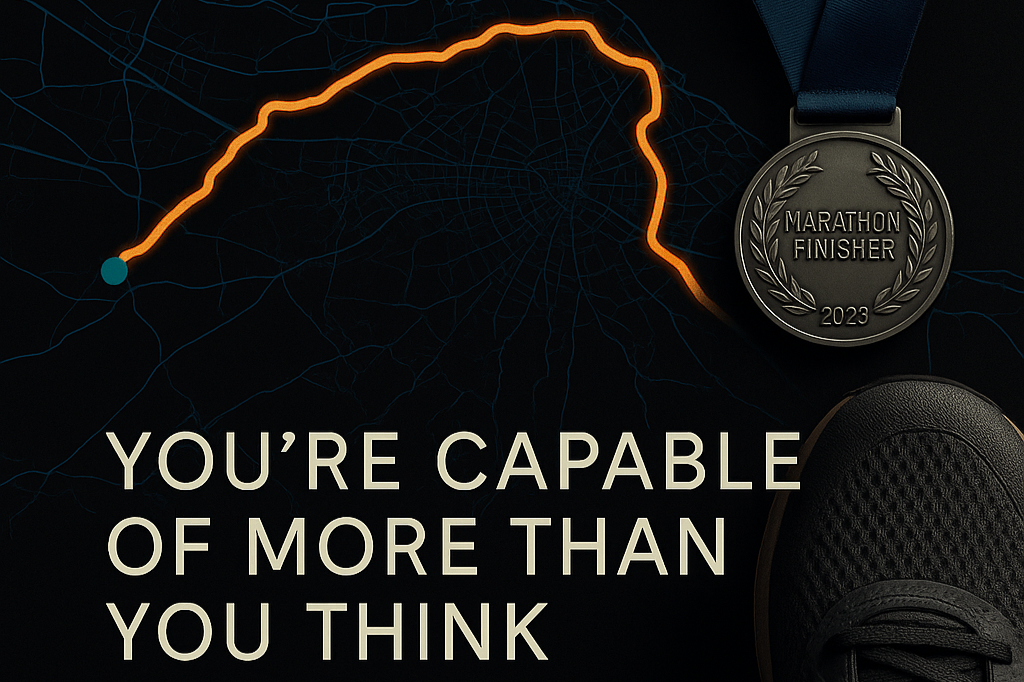 A marathon finisher medal, a running shoe, and a map of a running trail with a bright orange line, accompanied by motivational text 'You're capable of more than you think'.