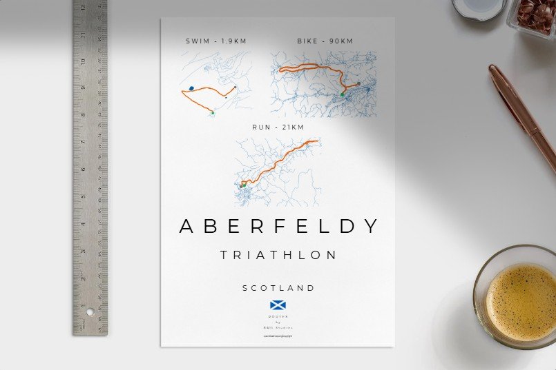 Triathlon event poster for Aberfeldy, Scotland, showing swim, bike, and run routes with distances of 1.9 km, 90 km, and 21 km respectively.