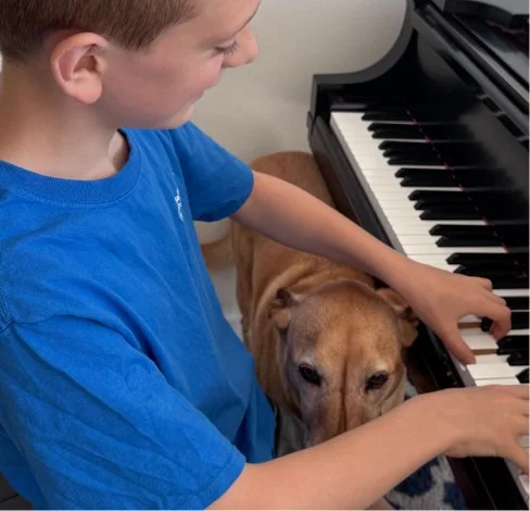 A boy playing the piano with a dog resting its head on his lap.
