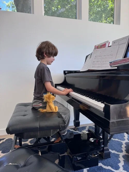 A young boy playing a grand piano in a well-lit room with large windows and a blue patterned rug, accompanied by a small plush lion toy on the bench.