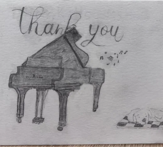 A pencil sketch of a grand piano with the words 'thank you' written above it, a small dog lying on a blanket nearby, and musical notes.