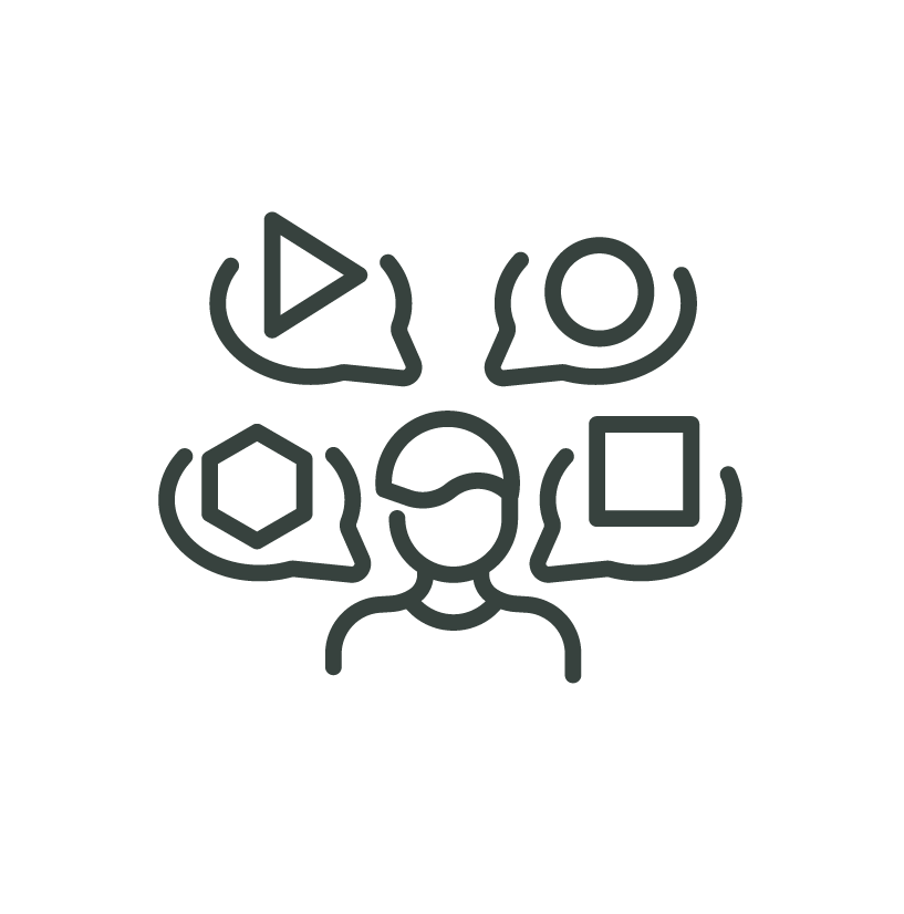 Outline of a person with five speech bubbles around their head, each containing a different geometric shape or symbol.