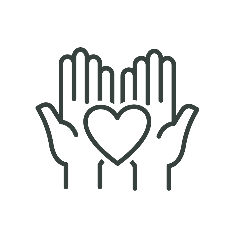 Outline of two open hands with a heart in the center.