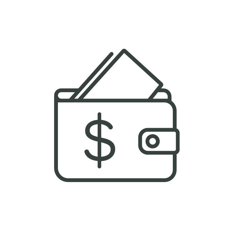 Line drawing of a wallet with a dollar sign on it, with cash bills sticking out.