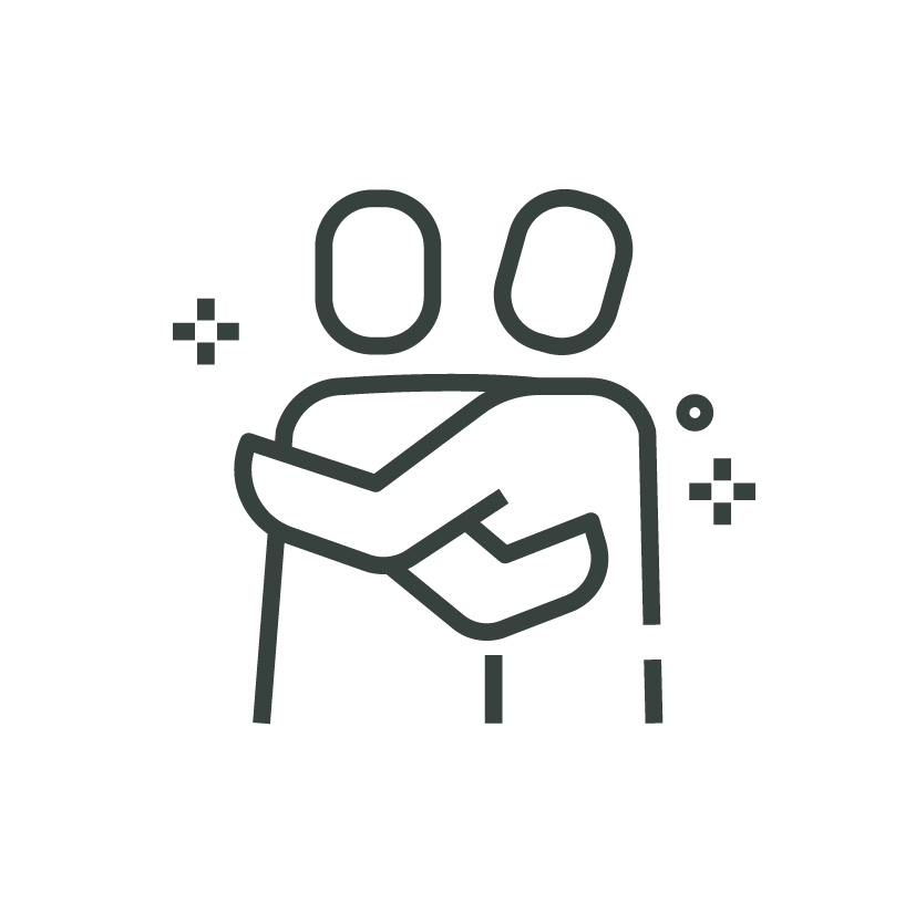Line drawing of two people hugging, with small decorative plus signs around them.