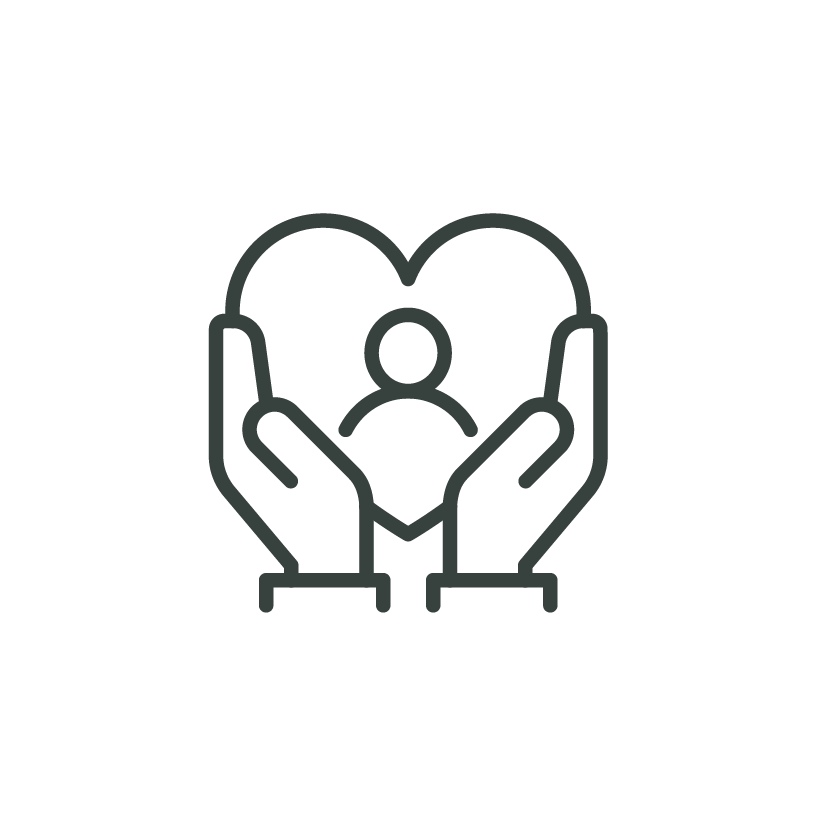 Outline icon of two hands holding a heart with a person inside it, symbolizing care or protection.