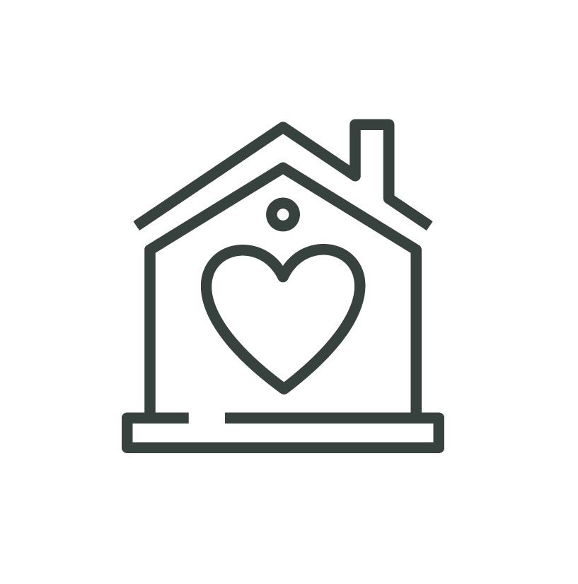 Line drawing of a house with a heart on the front and a chimney.