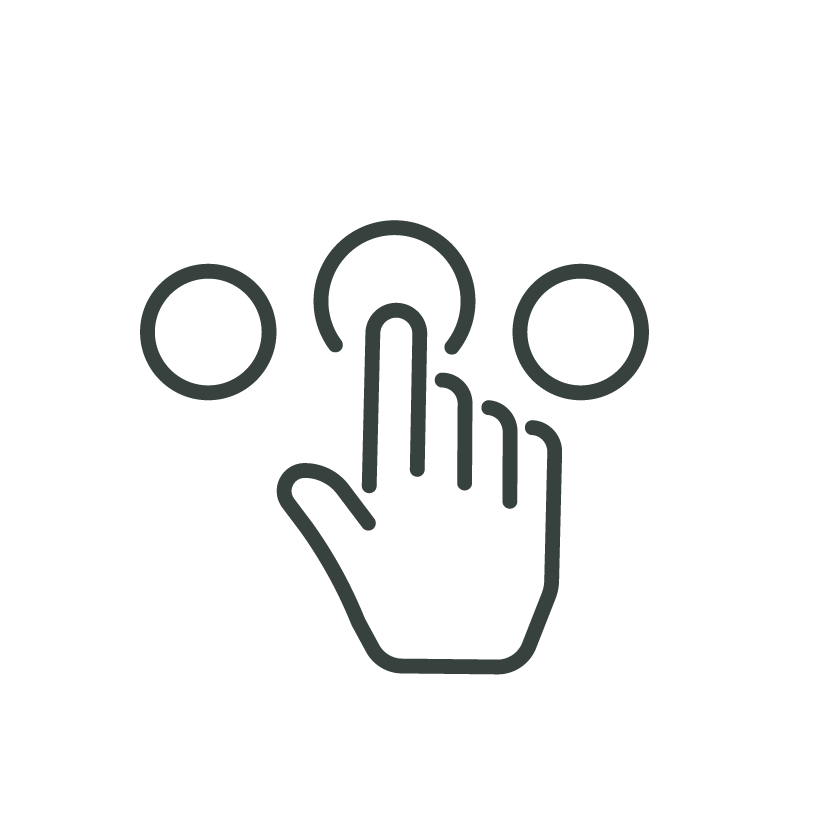 A hand with an extended index finger pressing on a circular button, surrounded by two other circular buttons, indicating interaction with a touchscreen or control panel.