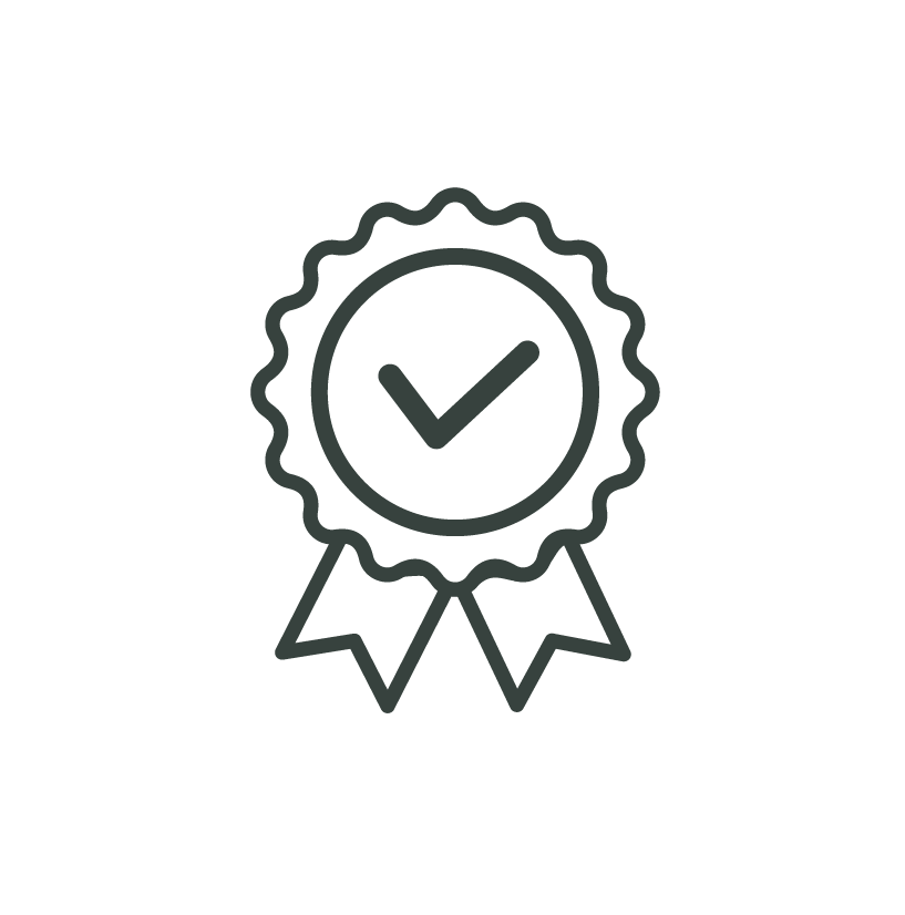 Line drawing of a badge with a check mark in the center and ribbons hanging below.