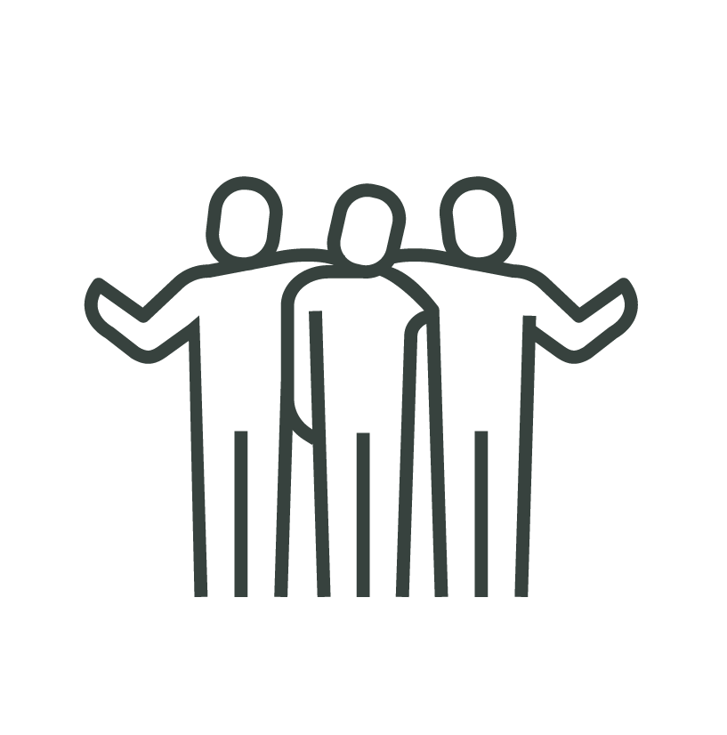 Line drawing of three people standing together with their arms around each other.