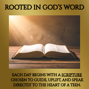 Open Bible on a wooden table with sunlight shining on it, surrounded by motivational text about scripture and guidance.