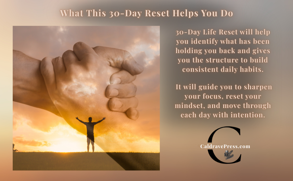 A person in a field with arms outstretched standing under a giant handshake overlay at sunset or sunrise.