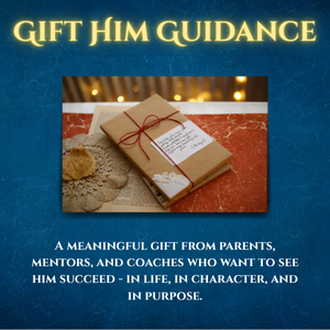 A wrapped gift with a note on top, placed on a red surface with shells nearby, and the text 'Gift Jim Guidance' at the top with a description about meaningful gifts from parents, mentors, and coaches.