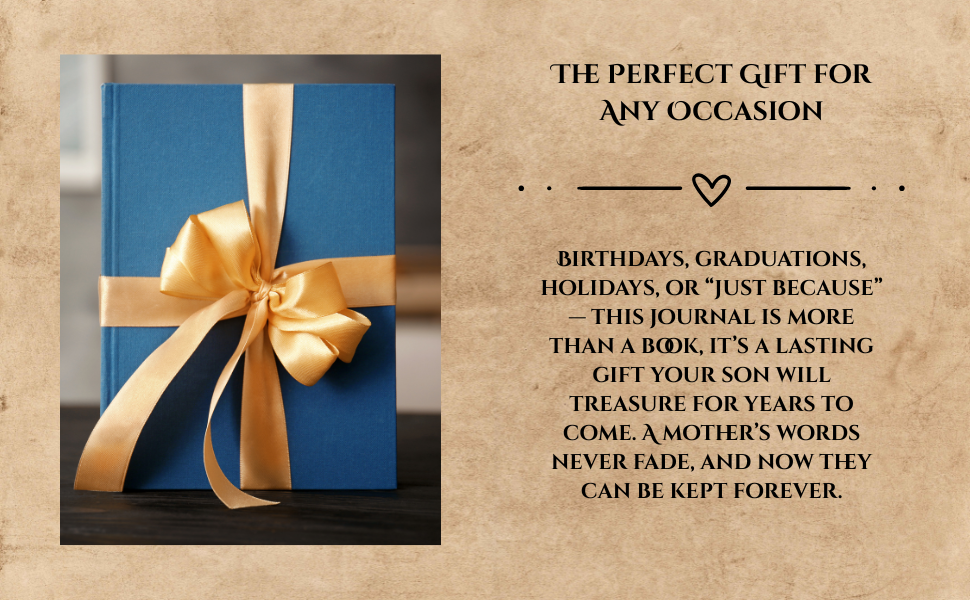 A wrapped blue gift book with a golden ribbon bow on a wooden surface, alongside a beige background with black text about gift-giving and the significance of a journal for special occasions.