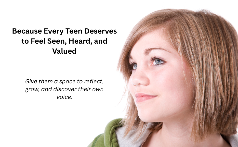 A teenage girl with shoulder-length light brown hair and blue eyes, looking thoughtfully to the side, next to a message about teens feeling seen, heard, and valued.