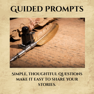 A fountain pen, ink bottle, and paper on a wooden surface, with a parchment paper and a piece of bark in the background, promoting guided prompts for storytelling.