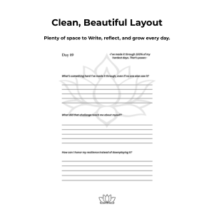 A worksheet titled 'Clean, Beautiful Layout' with prompts about reflection and growth, featuring a lotus flower icon at the bottom.