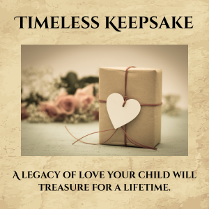 A wrapped gift with a white heart tag, set against a floral background with pink flowers, and the words 'Timeless Keepsake' and a quote about love