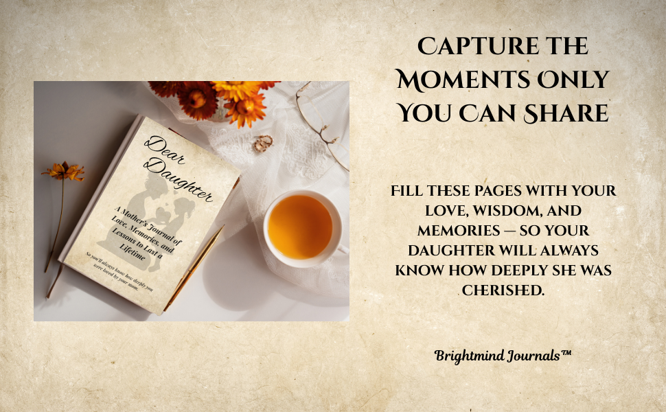 A journal titled 'Dear Daughter' with a silhouette of a woman, next to a cup of tea, flowers, and reading glasses on a beige background.