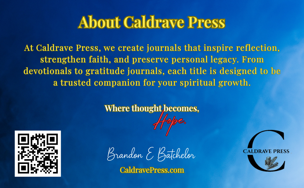 An informational graphic about Caldrave Press with a blue sky background, yellow and white text, and a QR code in the lower left corner. The Caldrave Press logo appears in the bottom right corner.